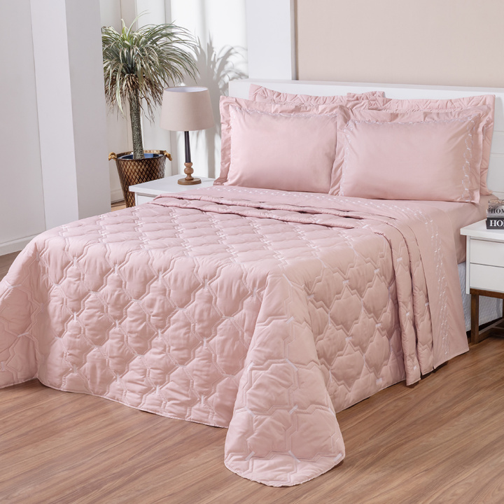 Cobre Leito Bordado King Percal 230 Fios Supreme 3 Peças Rose