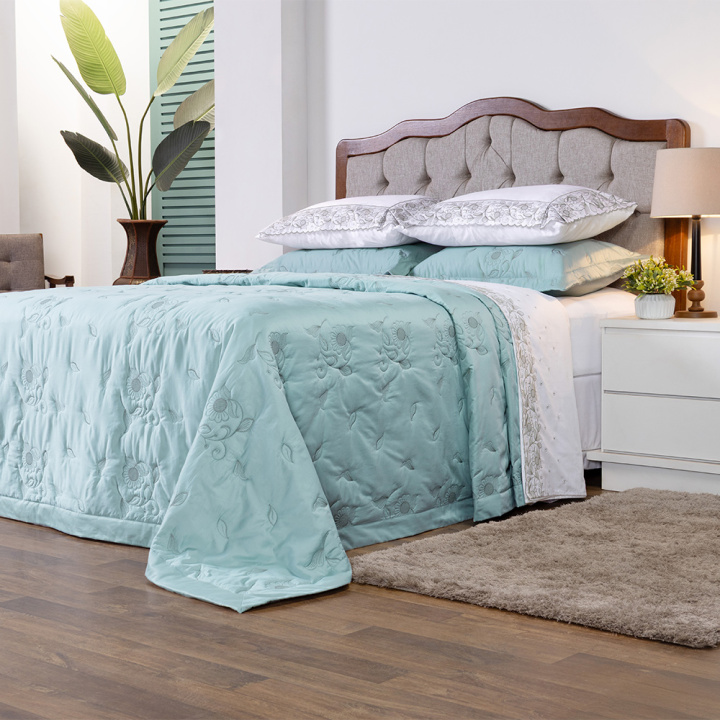 Cobre Leito Bordado King Percal 400 Fios Requinte 3 Peças Verde