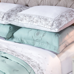 Cobre Leito Bordado King Percal 400 Fios Requinte 3 Peças Verde