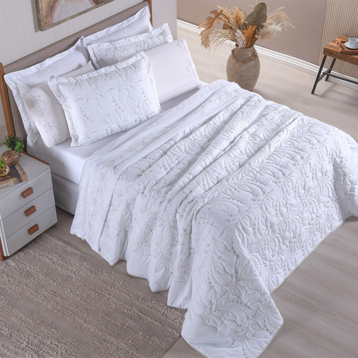 Cobre Leito Bordado Queen 200 Fios Hipercal 3 Peças Sintonia Branco