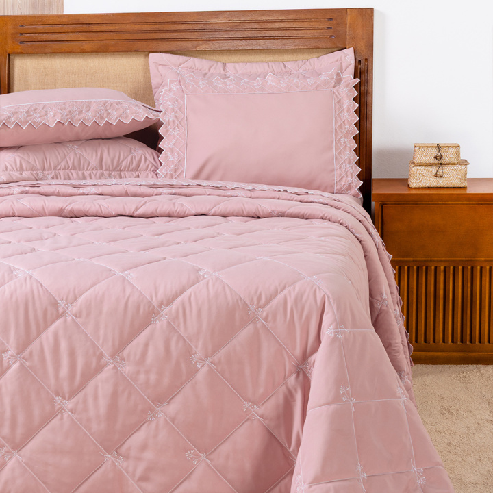 Cobre Leito Bordado Queen Hipercal 400 Fios Florence 3 Peças Rosê