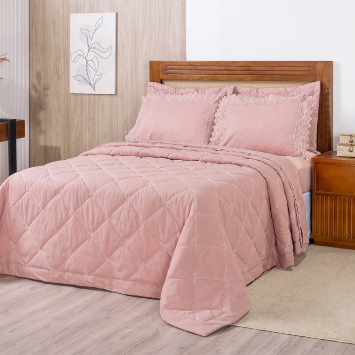 Cobre Leito Bordado Queen Hipercal 400 Fios Florence 3 Peças Rosê