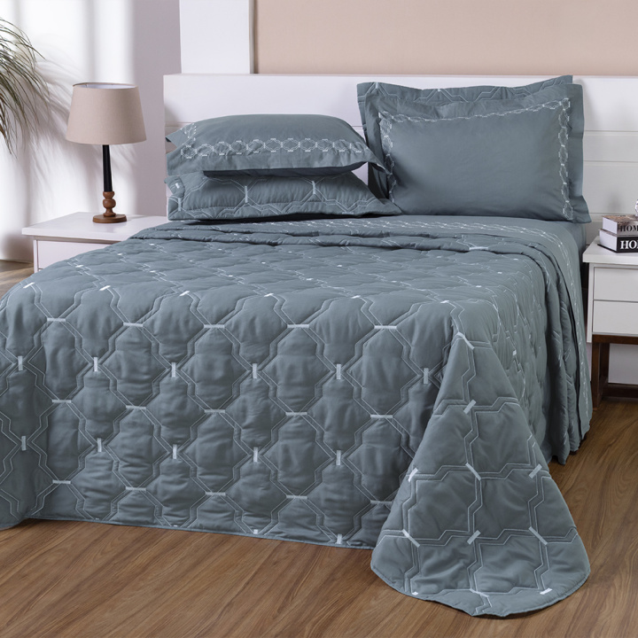 Cobre Leito Bordado Queen Percal 230 Fios Supreme 3 Peças Grafite