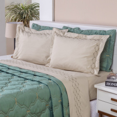 Cobre Leito Bordado Queen Percal 230 Fios Supreme 3 Peças Verde