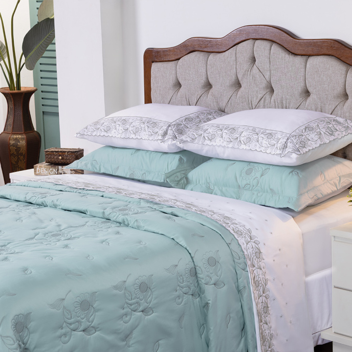 Cobre Leito Bordado Queen Percal 400 Fios Requinte 3 Peças Verde