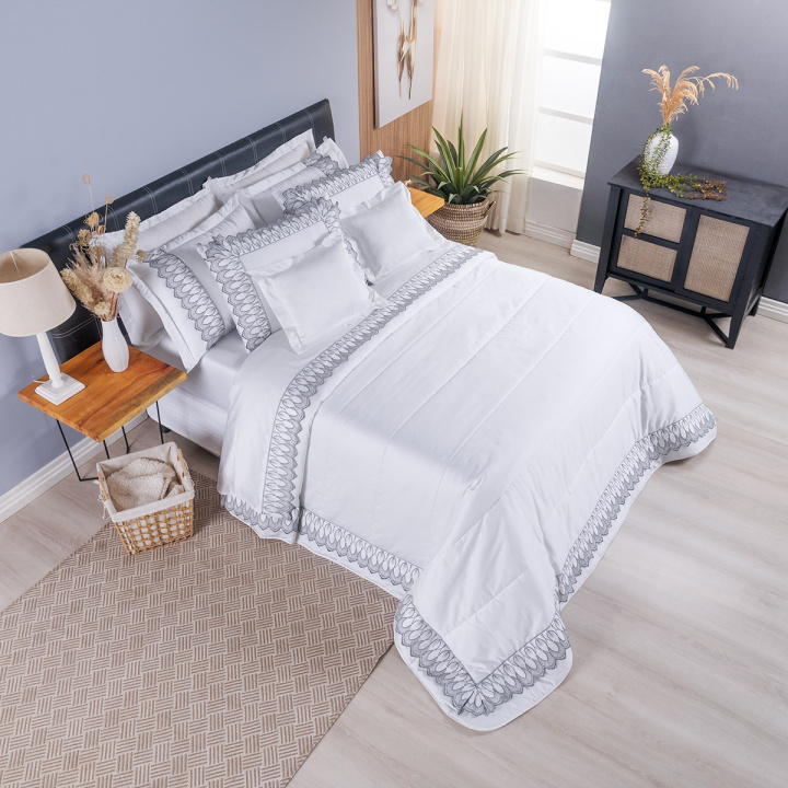 Cobre Leito King 400 Fios Percal Puro Algodão 3 Peças Royale Branco Chumbo