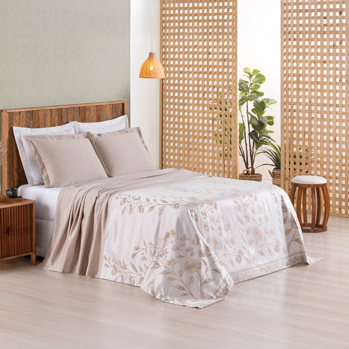 Cobre Leito Queen Dupla Face Jacquard 3 Peças Naturalle Bege