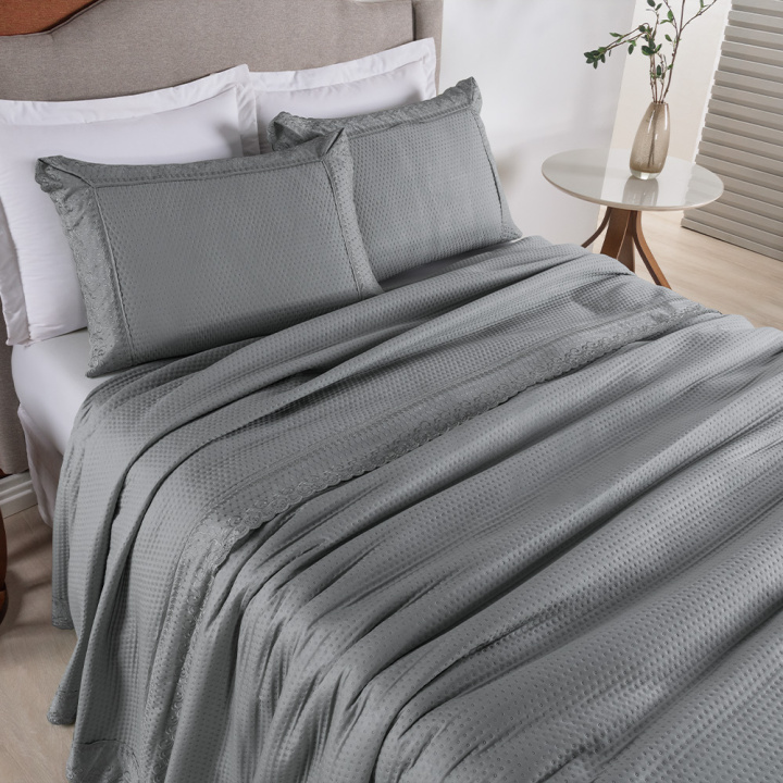 Colcha Bordada Queen 300 Fios Hipercal 3 Peças Home Paris Cinza