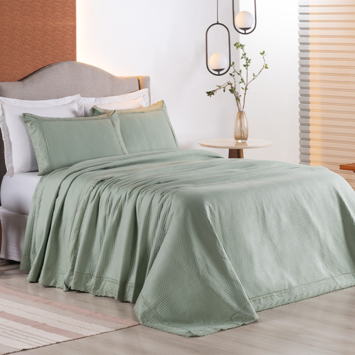 Colcha Bordada Queen 300 Fios Hipercal 3 Peças Home Paris Verde