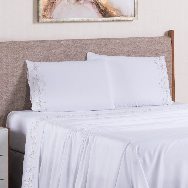 Jogo de Cama Bordado King 200 Fios Hipercal 4 Peças Sintonia Branco