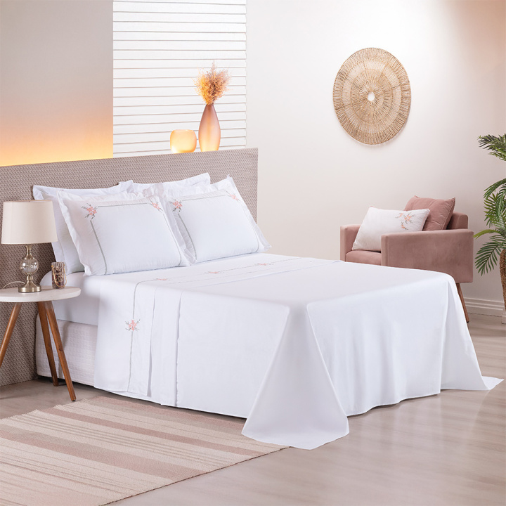 Jogo de Cama Bordado QUEEN (4 Peças) Percal 230 Fios 100% Algodão Bem Me Quer Rosê