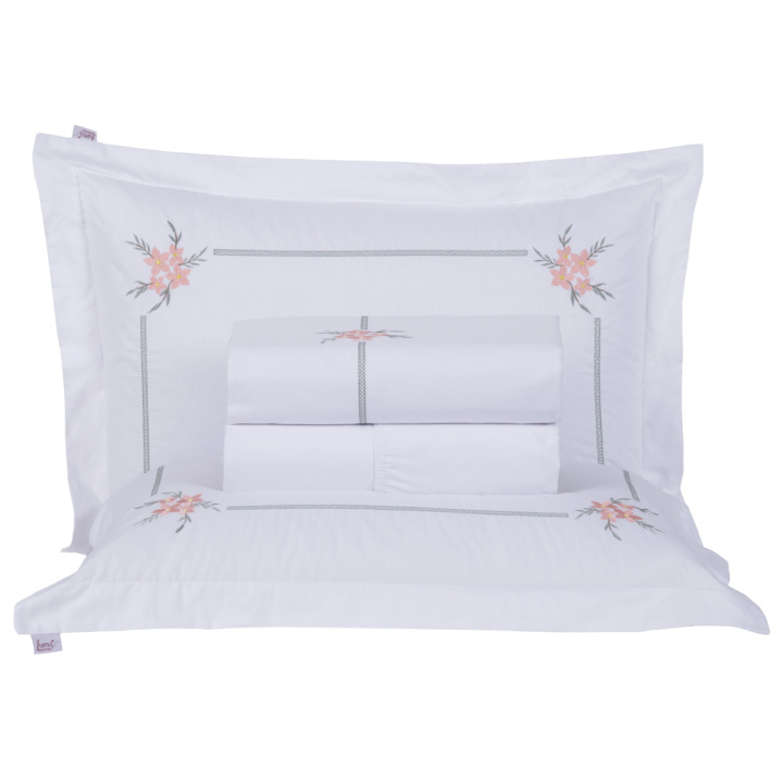 Jogo de Cama Bordado QUEEN (4 Peças) Percal 230 Fios 100% Algodão Bem Me Quer Rosê