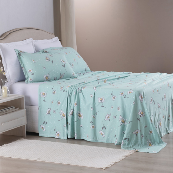Jogo de Cama CASAL (Lençol 4 Peças) Malha Fio Penteado 30/1 100% Algodão Top Line Margarida