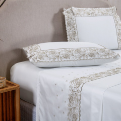 Jogo de Cama KING (Lençol 4 peças) Percal 400 Fios Algodão Requinte Branco/Caqui