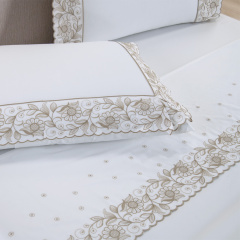 Jogo de Cama KING (Lençol 4 peças) Percal 400 Fios Algodão Requinte Branco/Caqui