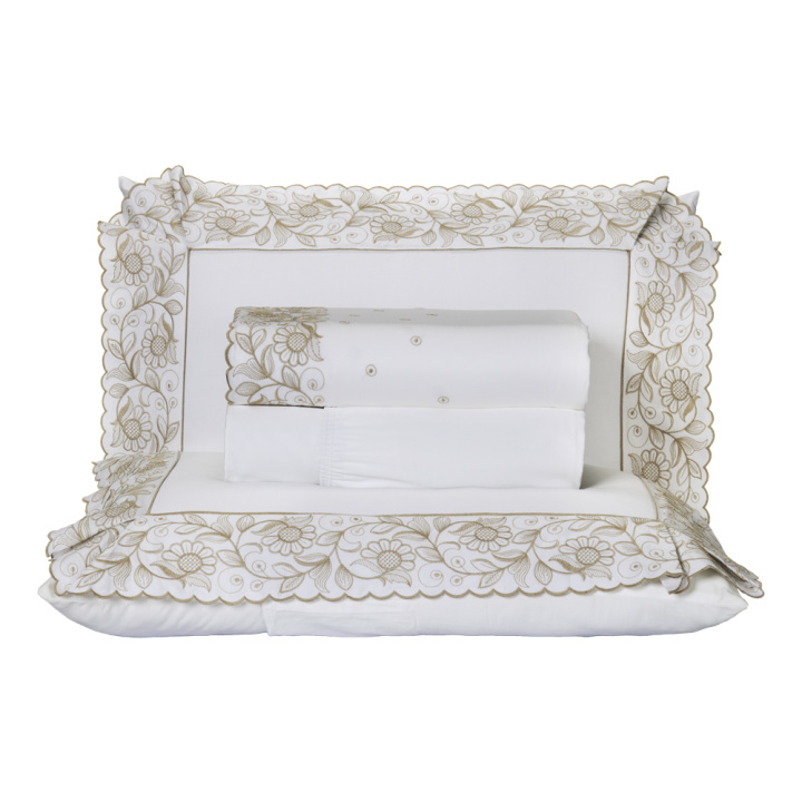 Jogo de Cama KING (Lençol 4 peças) Percal 400 Fios Algodão Requinte Branco/Caqui