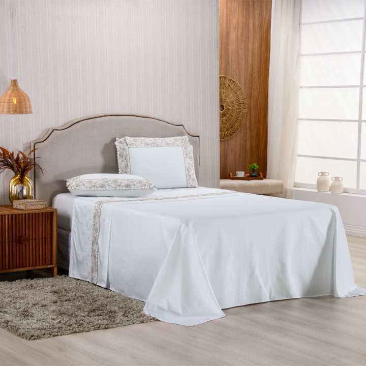 Jogo de Cama KING (Lençol 4 peças) Percal 400 Fios Algodão Requinte Branco/Caqui