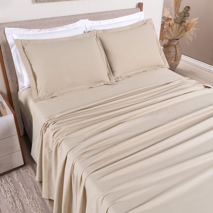 Jogo de Cama QUEEN (Lençol 4 peças) Percal 230 Fios 100% Algodão Casual Bege