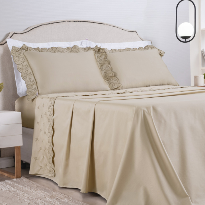 Jogo de Cama QUEEN (Lençol 4 peças) Percal 400 Fios Algodão Andorra Bege