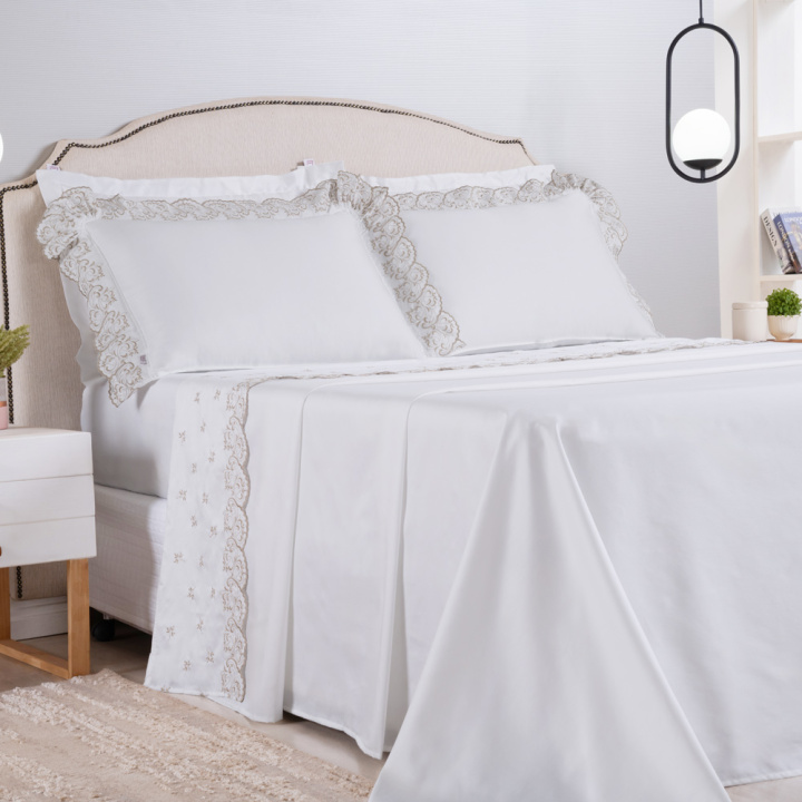 Jogo de Cama QUEEN (Lençol 4 peças) Percal 400 Fios Algodão Andorra Branco/Caqui