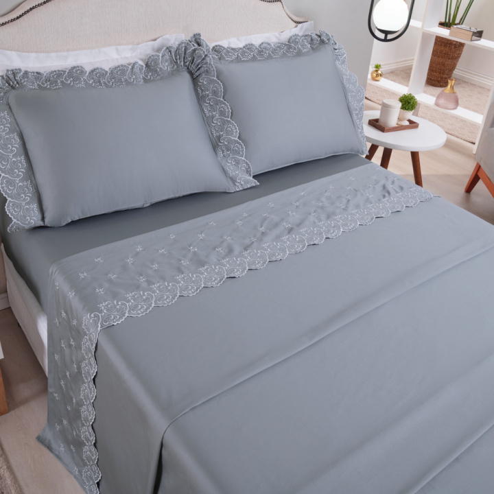 Jogo de Cama QUEEN (Lençol 4 peças) Percal 400 Fios Algodão Andorra Cinza