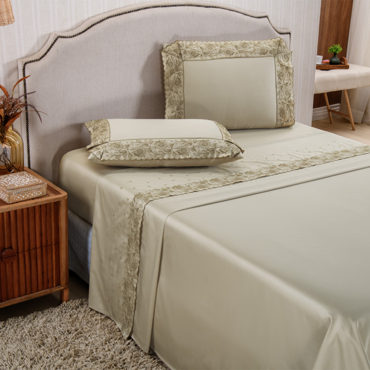 Jogo de Cama QUEEN (Lençol 4 peças) Percal 400 Fios Algodão Requinte Bege/Caqui