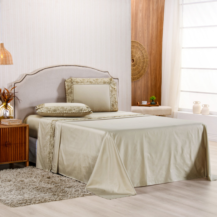 Jogo de Cama QUEEN (Lençol 4 peças) Percal 400 Fios Algodão Requinte Bege/Caqui