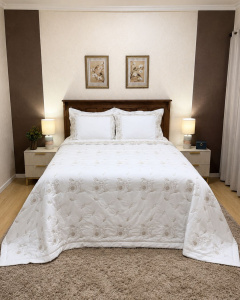 Jogo de Cama QUEEN (Lençol 4 peças) Percal 400 Fios Algodão Requinte Branco/Caqui
