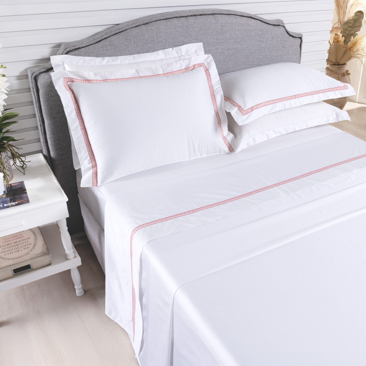 Jogo de Cama QUEEN (Lençol 4 peças) Percal 400 Fios Cordelli Branco/Rosê