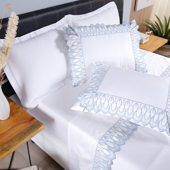 Jogo de Cama QUEEN (Lençol 4 peças) Percal 400 Fios Royale Branco/Azul