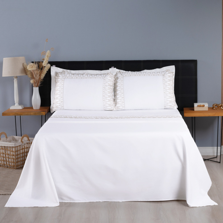 Jogo de Cama QUEEN (Lençol 4 peças) Percal 400 Fios Royale Branco/Bege