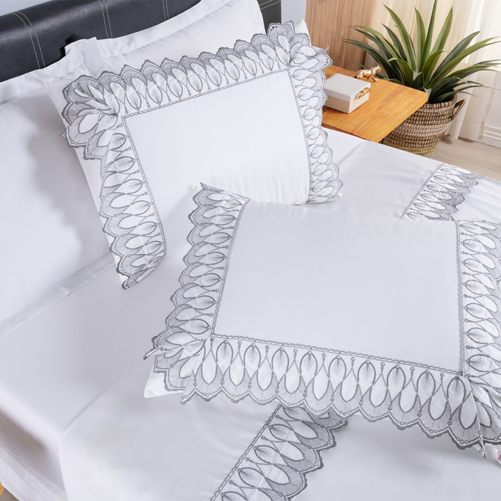 Jogo de Cama QUEEN (Lençol 4 peças) Percal 400 Fios Royale Branco/Chumbo