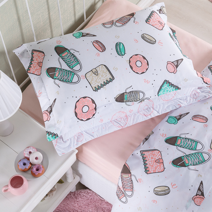 Jogo de Cama Solteiro 200 Fios Hipercal 3 Peças Donuts Branco