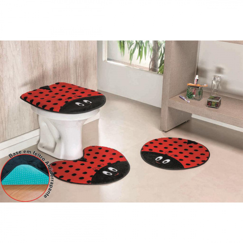Jogo de Tapetes Para Banheiro Formato Joaninha Antiderrapante 3 Peças Vermelho