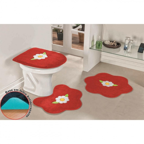 Jogo de Tapetes Para Banheiro Formato Margarida Folha Antiderrapante 3 Peças Vermelho