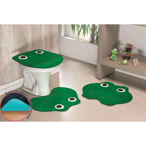 Jogo de Tapetes Para Banheiro Formato Sapo Antiderrapante 3 Peças Verde Bandeira