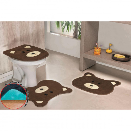 Jogo de Tapetes Para Banheiro Formato Urso Antiderrapante 3 Peças Café
