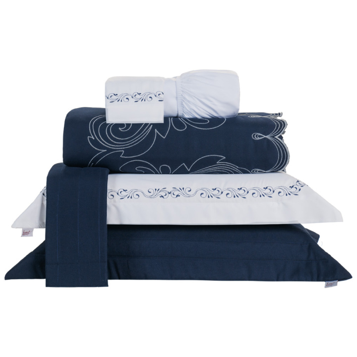Kit de Enxoval Bordado Queen 200 Fios Hipercal 6 Peças Versátile Duo Azul Marinho