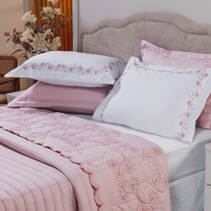 Kit de Enxoval Bordado QUEEN 200 Fios Hipercal 6 Peças Versátile Duo Rose/Floral