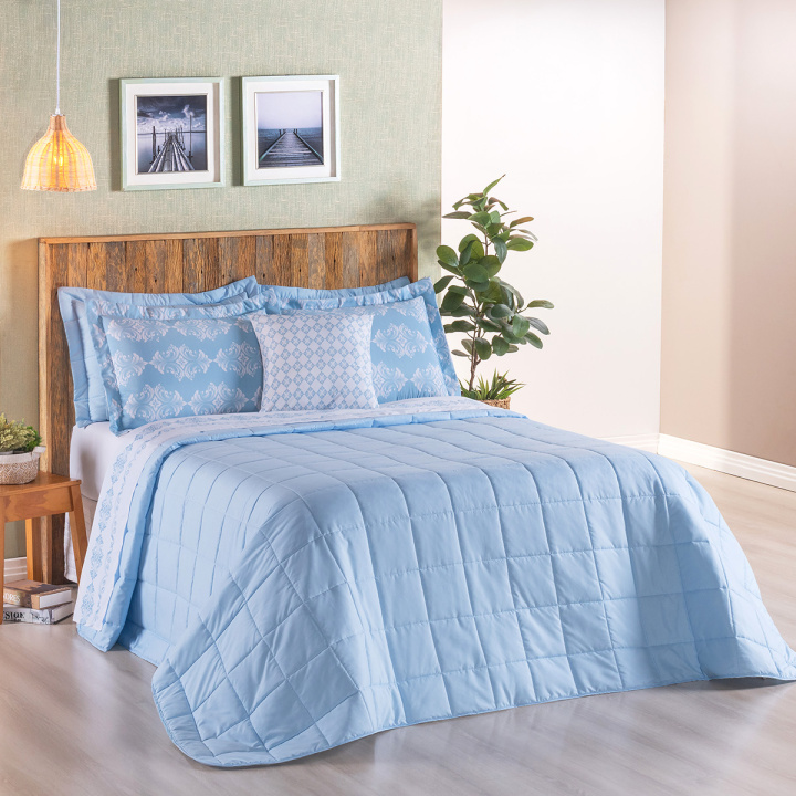 Kit de Enxoval Matelassado Queen 200 Fios Hipercal 9 Peças Essência Arabesco Azul
