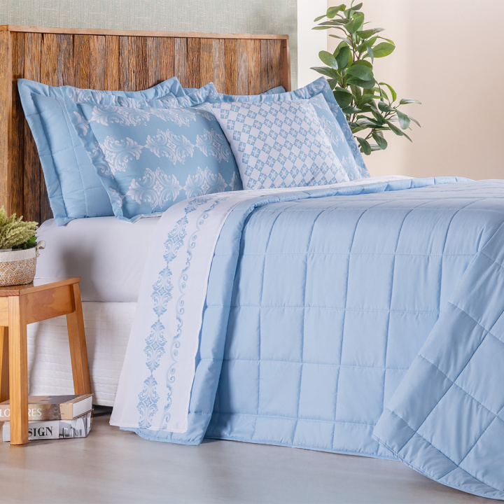 Kit de Enxoval Matelassado Queen 200 Fios Hipercal 9 Peças Essência Arabesco Azul