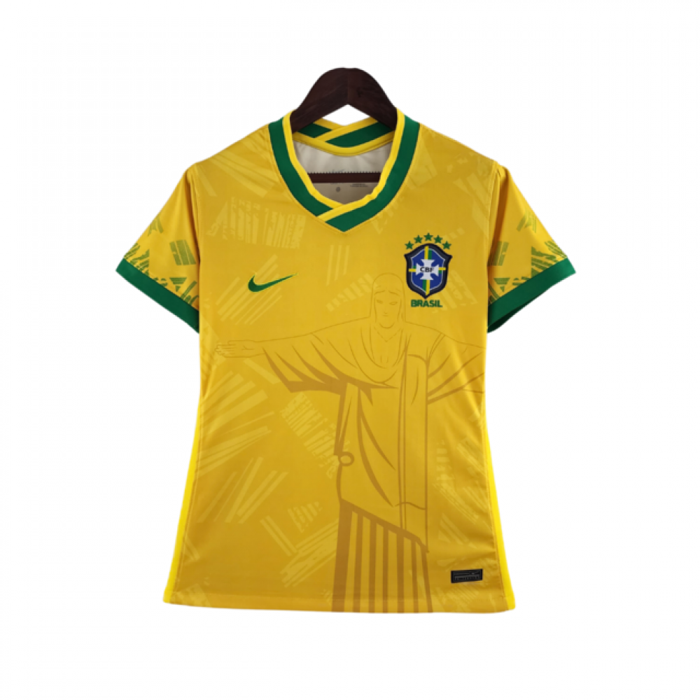 Camisa Seleção Brasil Cristo Redentor Torcedor Feminina Amarela - Top