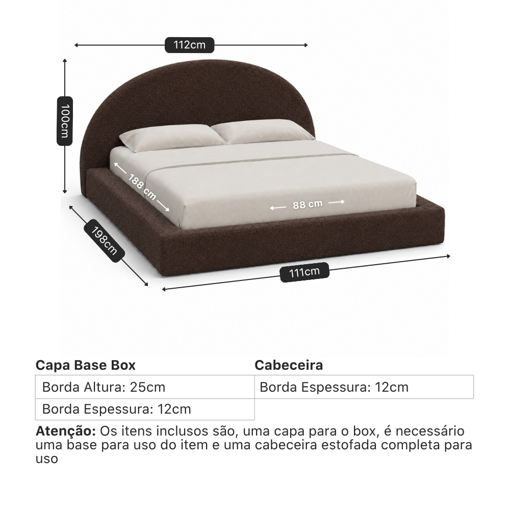 Medidas do Conjunto Round Cloud: capa para base box e cabeceira, do solteiro ao king
