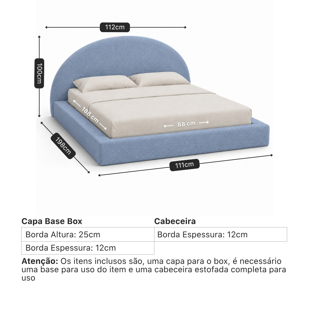 Medidas do Conjunto Round Cloud: capa para base box e cabeceira, do solteiro ao king