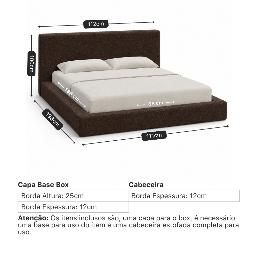 Medidas do Conjunto Square Cloud: capa para base box e cabeceira, do solteiro ao king