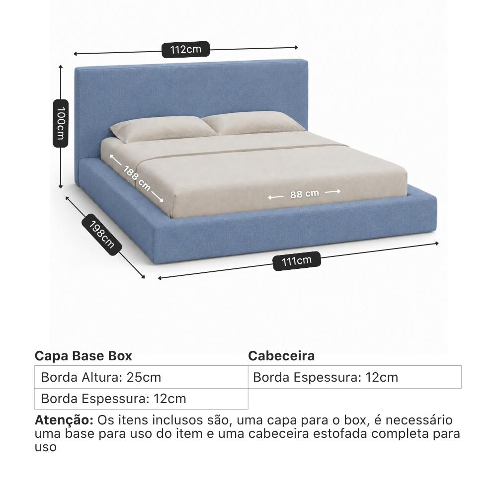 Medidas do Conjunto Square Cloud: capa para base box e cabeceira, do solteiro ao king