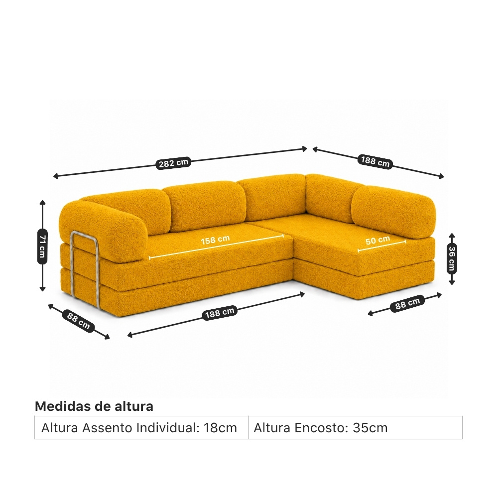 Medidas do Sofá Cama Mood de canto aberto: 282 x 188 cm, 88 cm de profundidade e 71 cm de altura