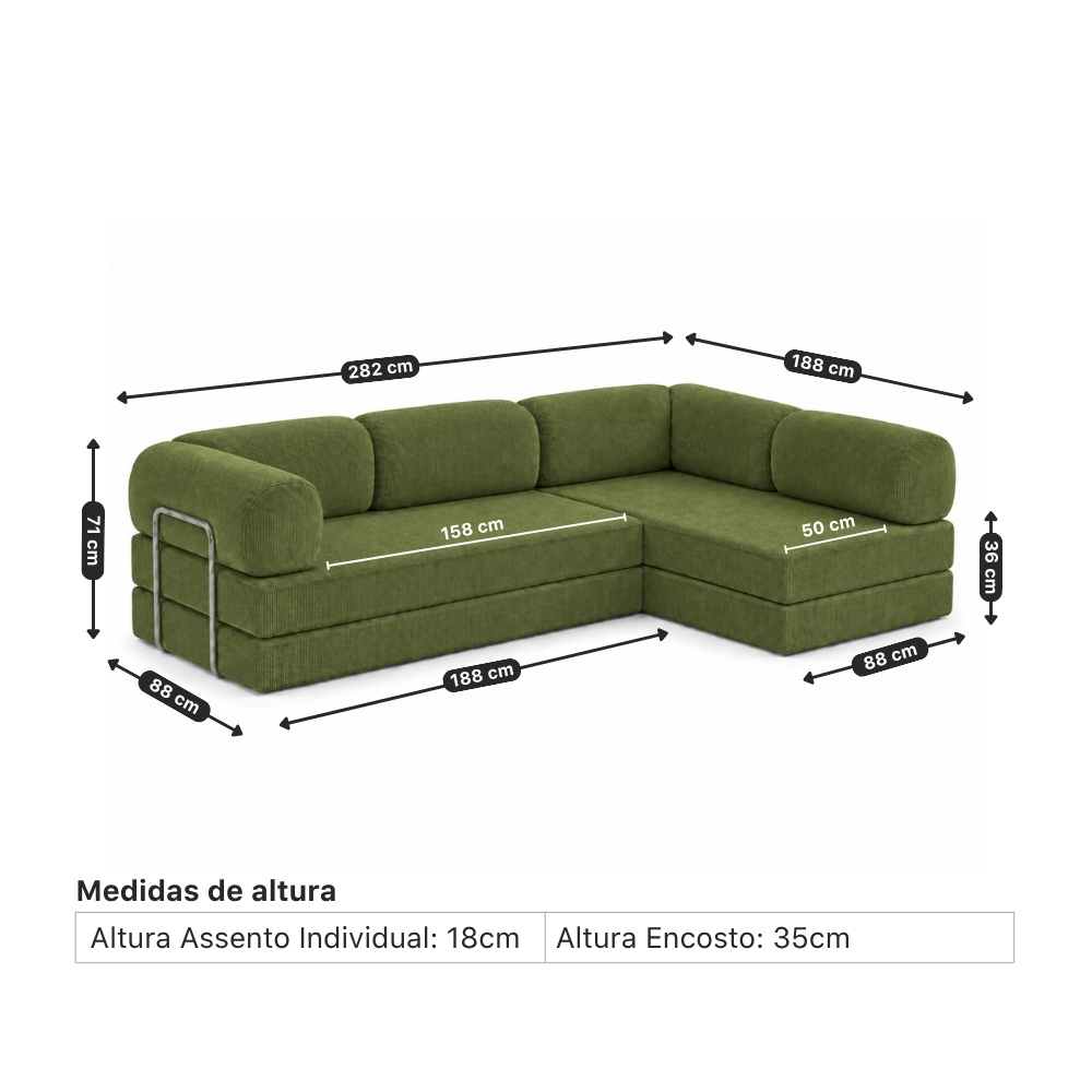 Medidas do Sofá Cama Mood de canto aberto: 282 x 188 cm, 88 cm de profundidade e 71 cm de altura