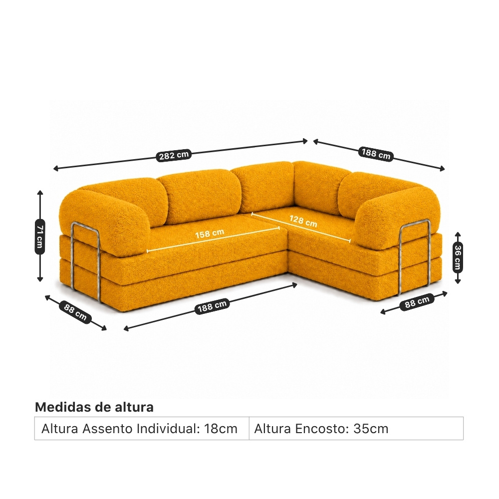 Medidas do Sofá Cama Mood de canto fechado: 282 x 188 cm, 88 cm de profundidade e 71 cm de altura