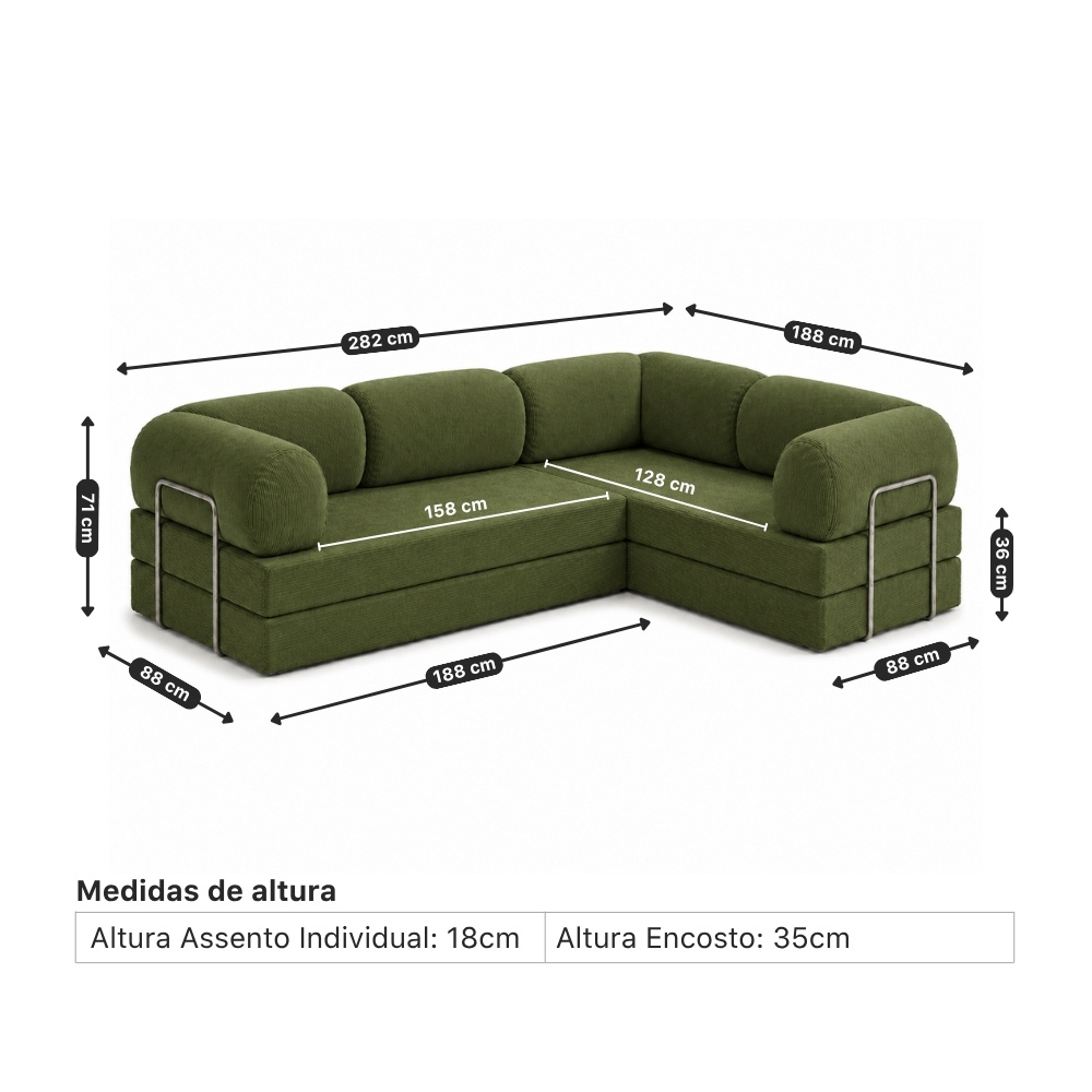 Medidas do Sofá Cama Mood de canto fechado: 282 x 188 cm, 88 cm de profundidade e 71 cm de altura